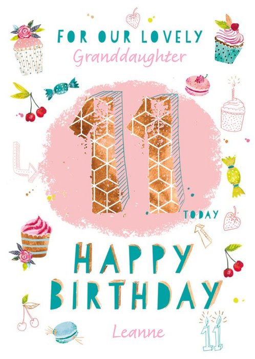 Illustration Of Cupcakes Sweets And Other Treats Granddaughter's Eleventh Birthday Card