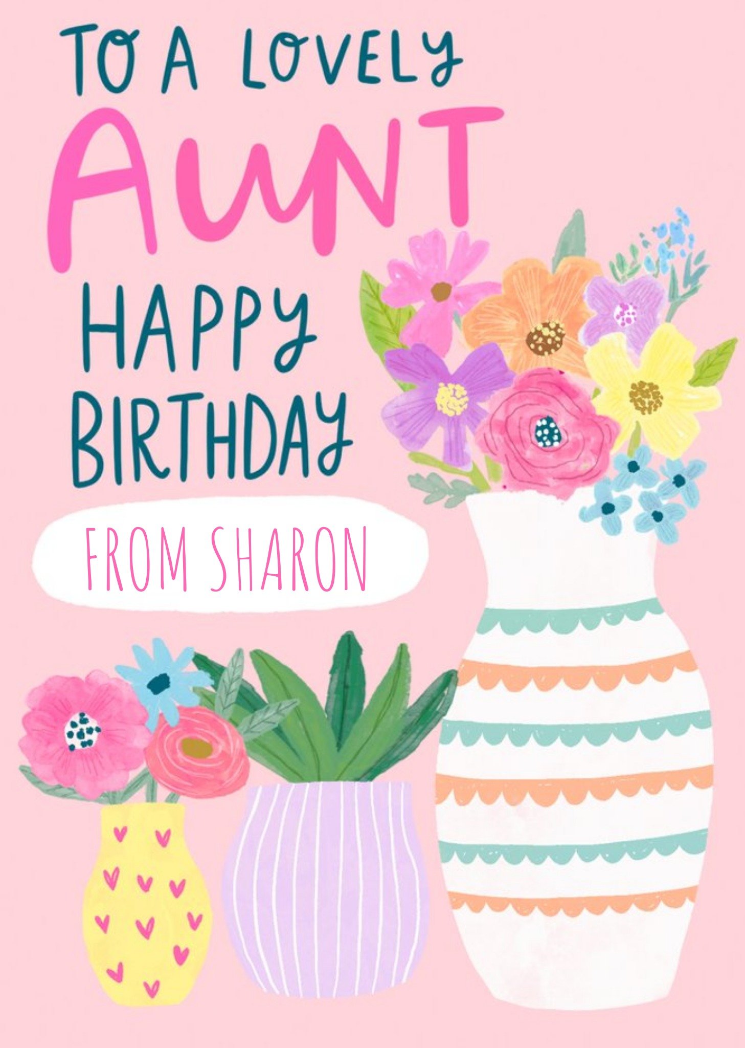 Moonpig Illustration Of Three Vases Of Colourful Flowers Auntie's Birthday Card Ecard