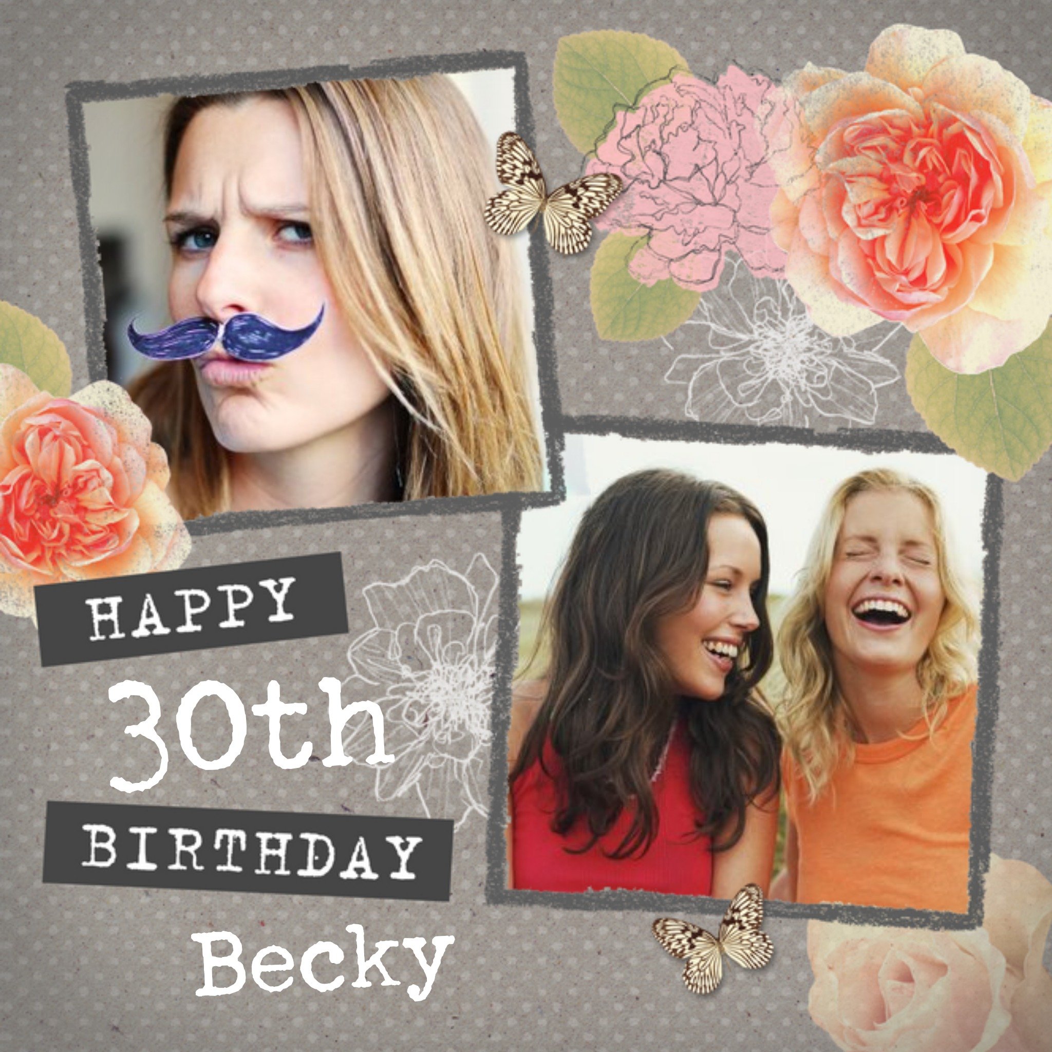 Happy 30th Flower Birthday Card - Use Your Own Photos To Personalise this Birthday Card, Square