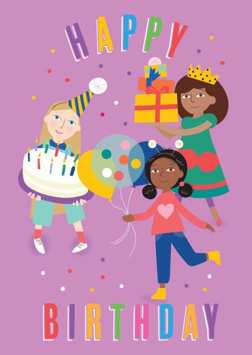 Girls Party Balloons and Cake Birthday Card