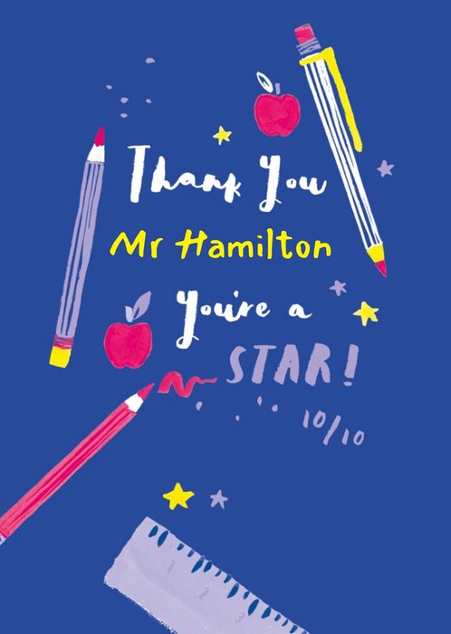 Handwritten Typography Surrounded By Stationery On A Blue Background Teacher's Thank You Card