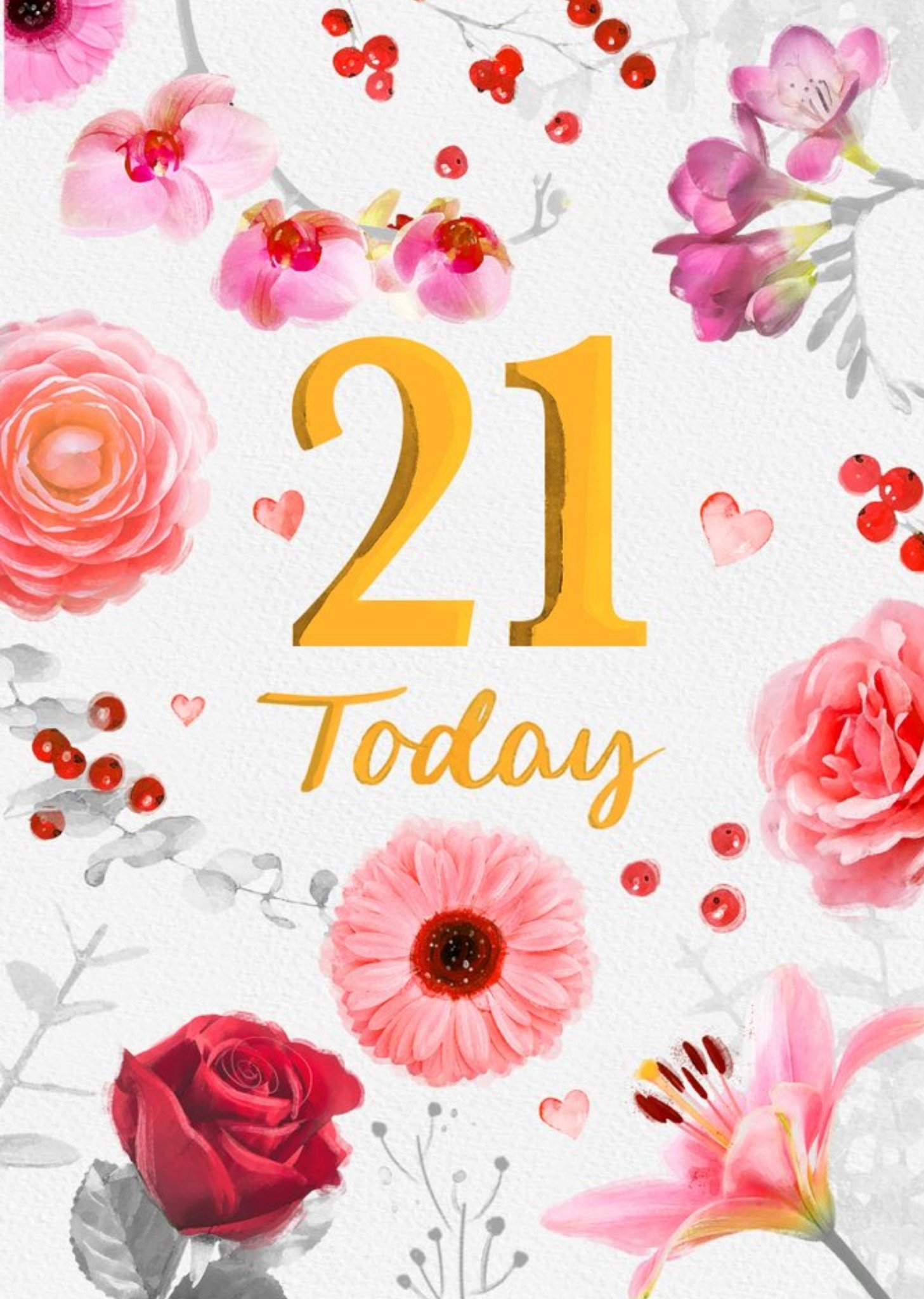 Large Golden Number Surrounded By Flowers Twenty First Birthday Card Ecard