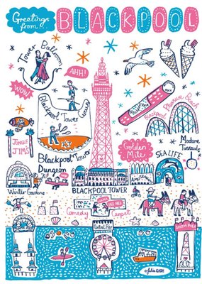 Illustrated Greetings From Blackpool Map Card