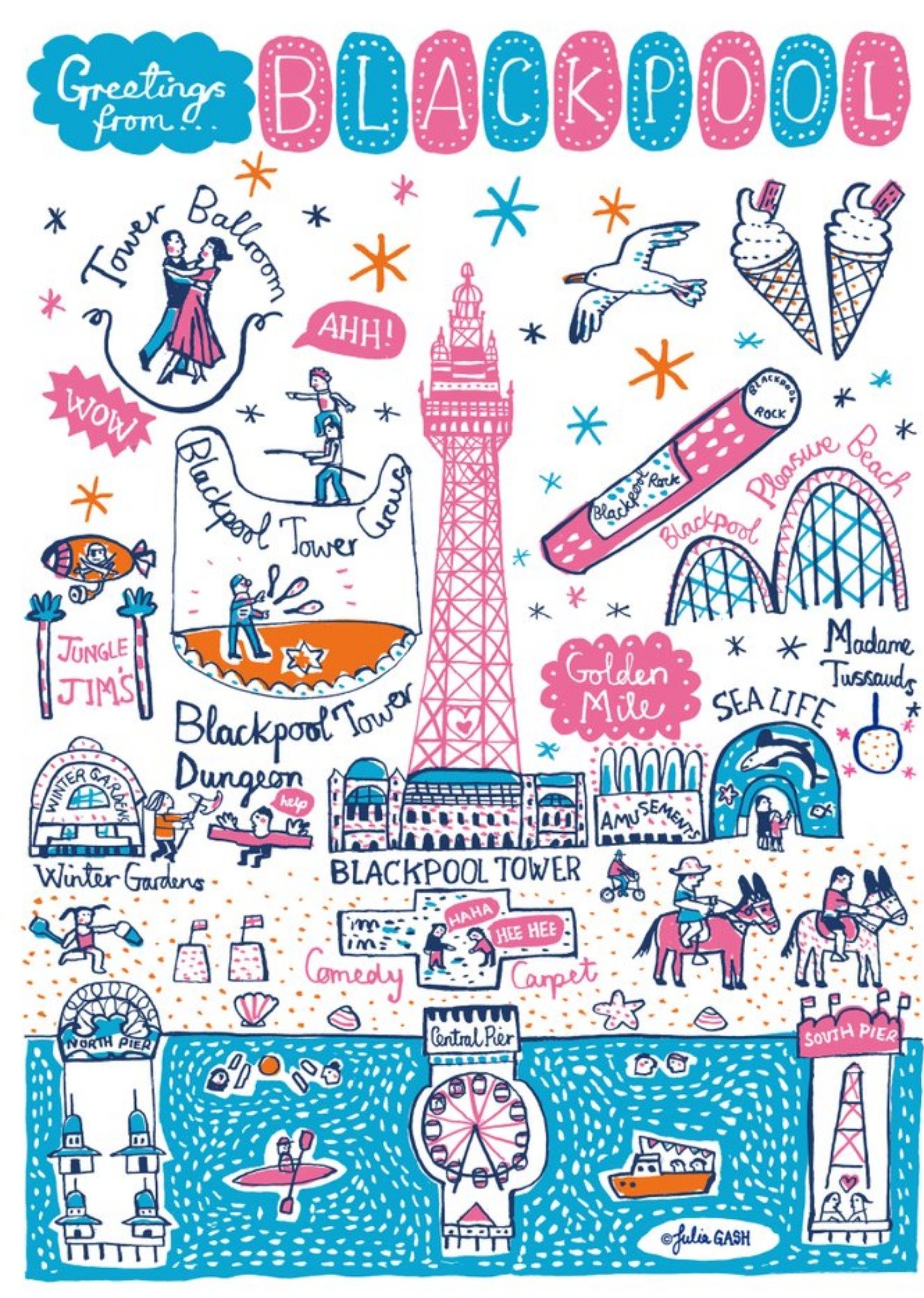 Illustrated Greetings From Blackpool Map Card Ecard