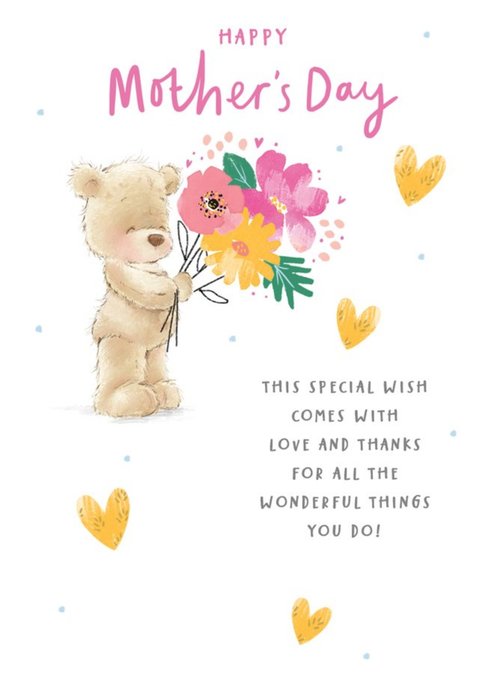 Illustrated Teddy Bear Holding Flowers Mothers Day Card