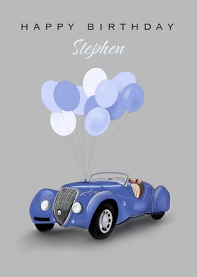 Illustration Of A Classic Roadster With Balloons On A Grey Background Birthday Card