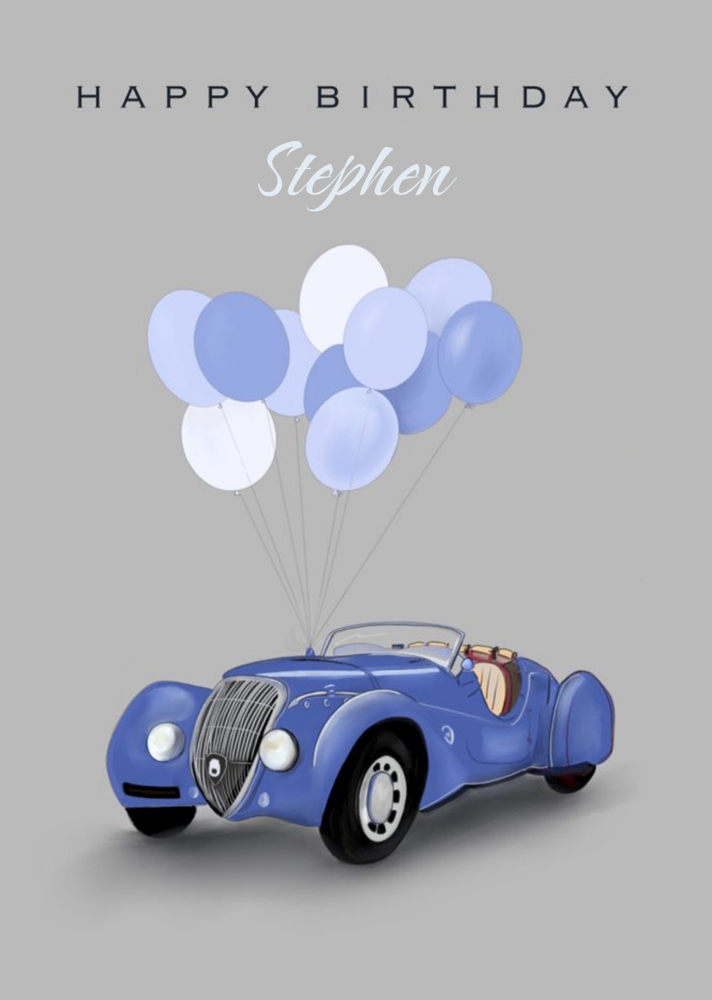 Moonpig Illustration Of A Classic Roadster With Balloons On A Grey Background Birthday Card Ecard
