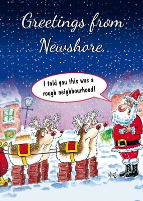 Cartoon Santa And His Reindeer Funny Personalised Christmas Card