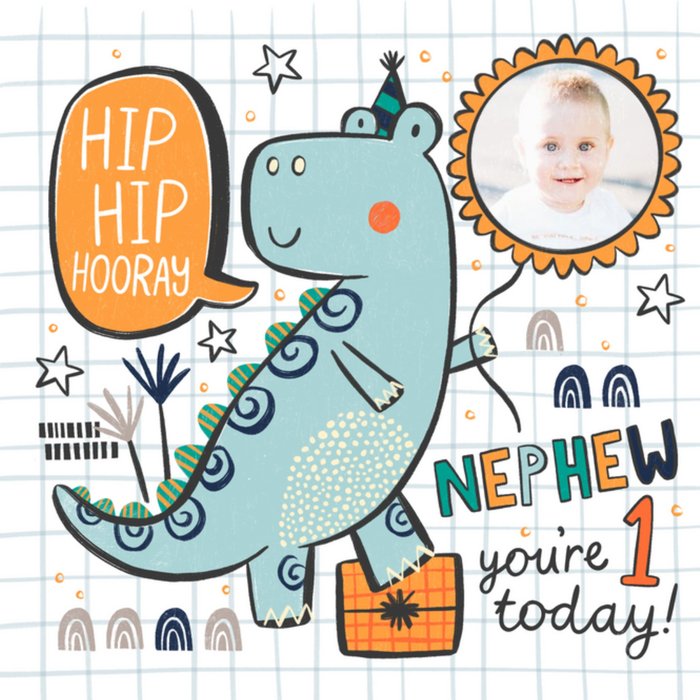 Hip Hip Hooray Nephew You're 1 Today Dinosaur Photo Upload Birthday Card