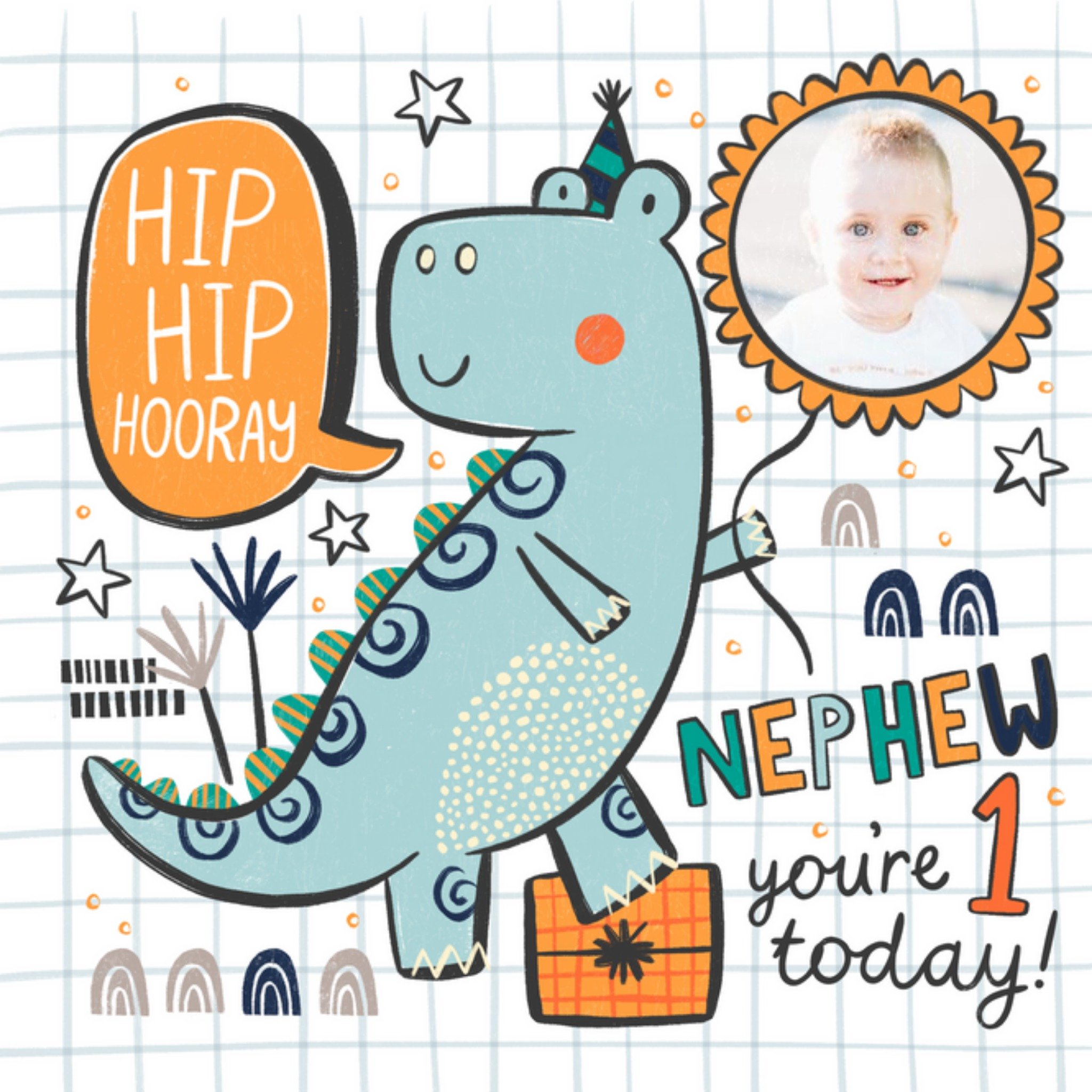 Moonpig Hip Hip Hooray Nephew You're 1 Today Dinosaur Photo Upload Birthday Card, Square