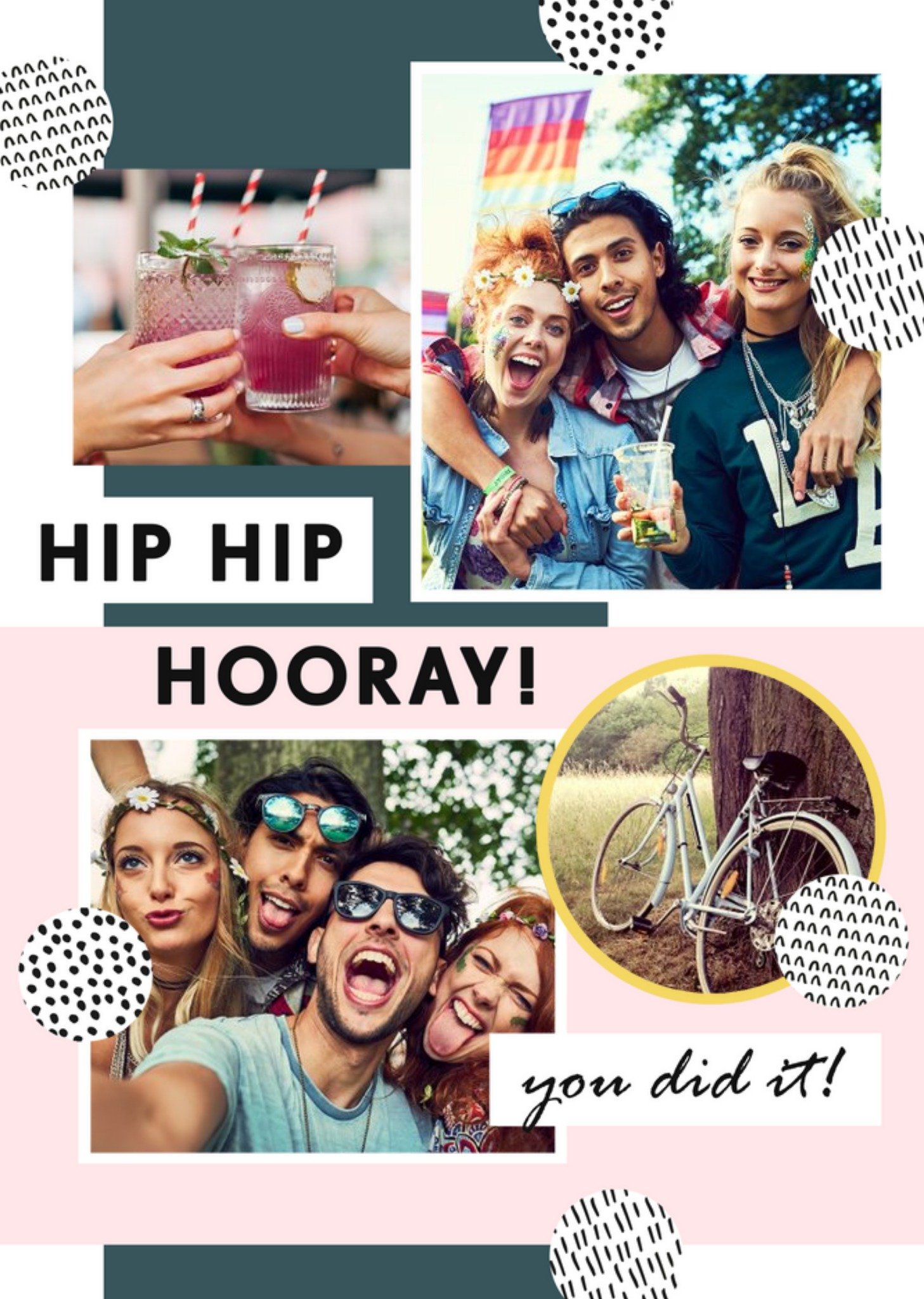 Moonpig Bright Graphic Four Photo Upload Hip Hip Hooray You Did It Congratulations Card Ecard