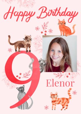 Illustrated Photo Upload Watercolour Cats 9th Birthday Card