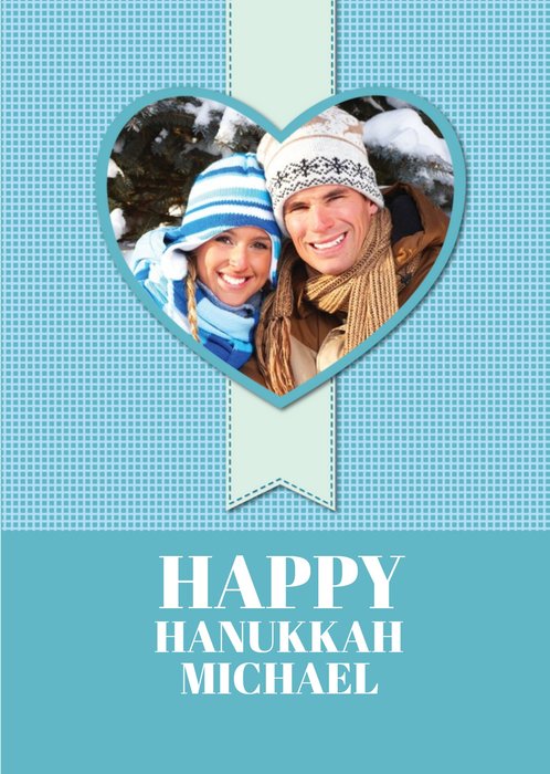 Blue Heart Shaped Personalised Photo Upload Happy Hanukkah Card