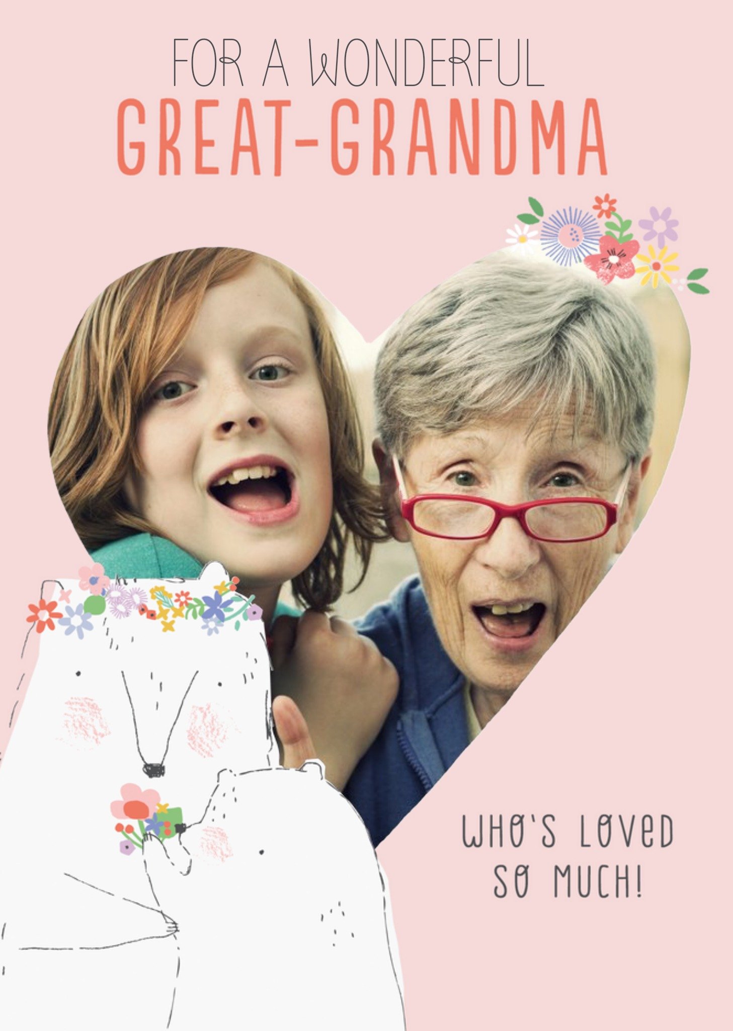 Moonpig Cute Heart Shaped Photo Upload Illustrative Bears Great-Grandma Birthday Card , Large
