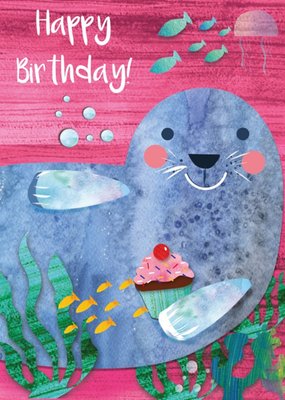 Cute Seal Holding Cupcake Birthday Card