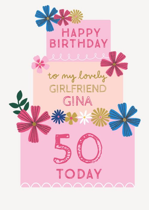 Three Tiered Cake Girlfriend 50th Birthday Card