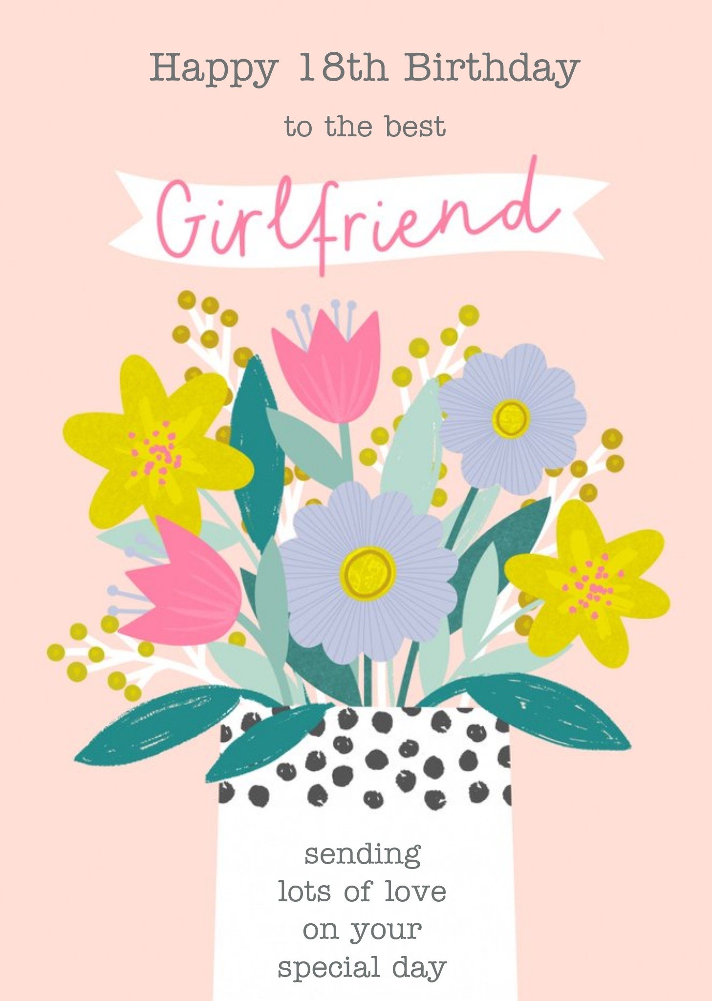 Moonpig Illustrated Floral Flower Vase Girlfriend 18th Birthday Card, Large
