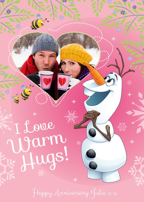 Disney Frozen Olaf I Love Warm Hugs Personalised Photo Upload Happy Anniversary Card