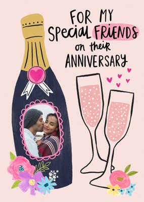 Illustration Of Champagne and Glasses Special Friends Photo Upload Anniversary Card