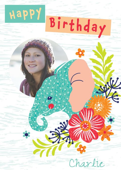 Animal Planet Illustrated Elephant Photo Upload Birthday Card