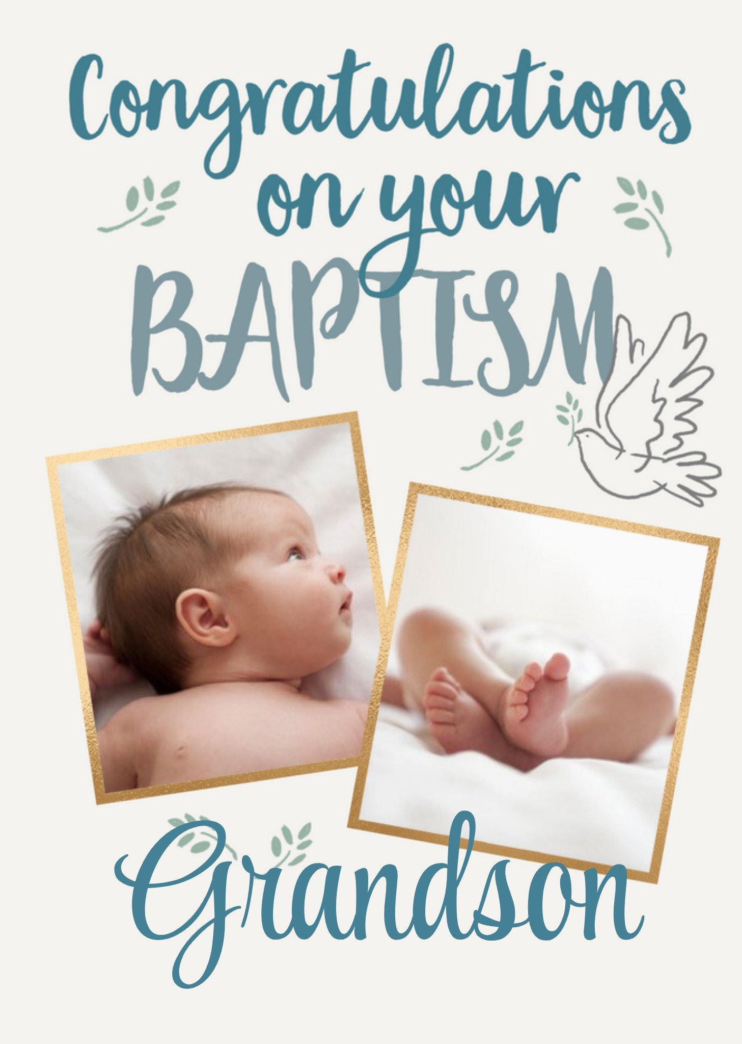 Moonpig Typographic Photo Upload Congratulations On Your Baptism Grandson Card, Large