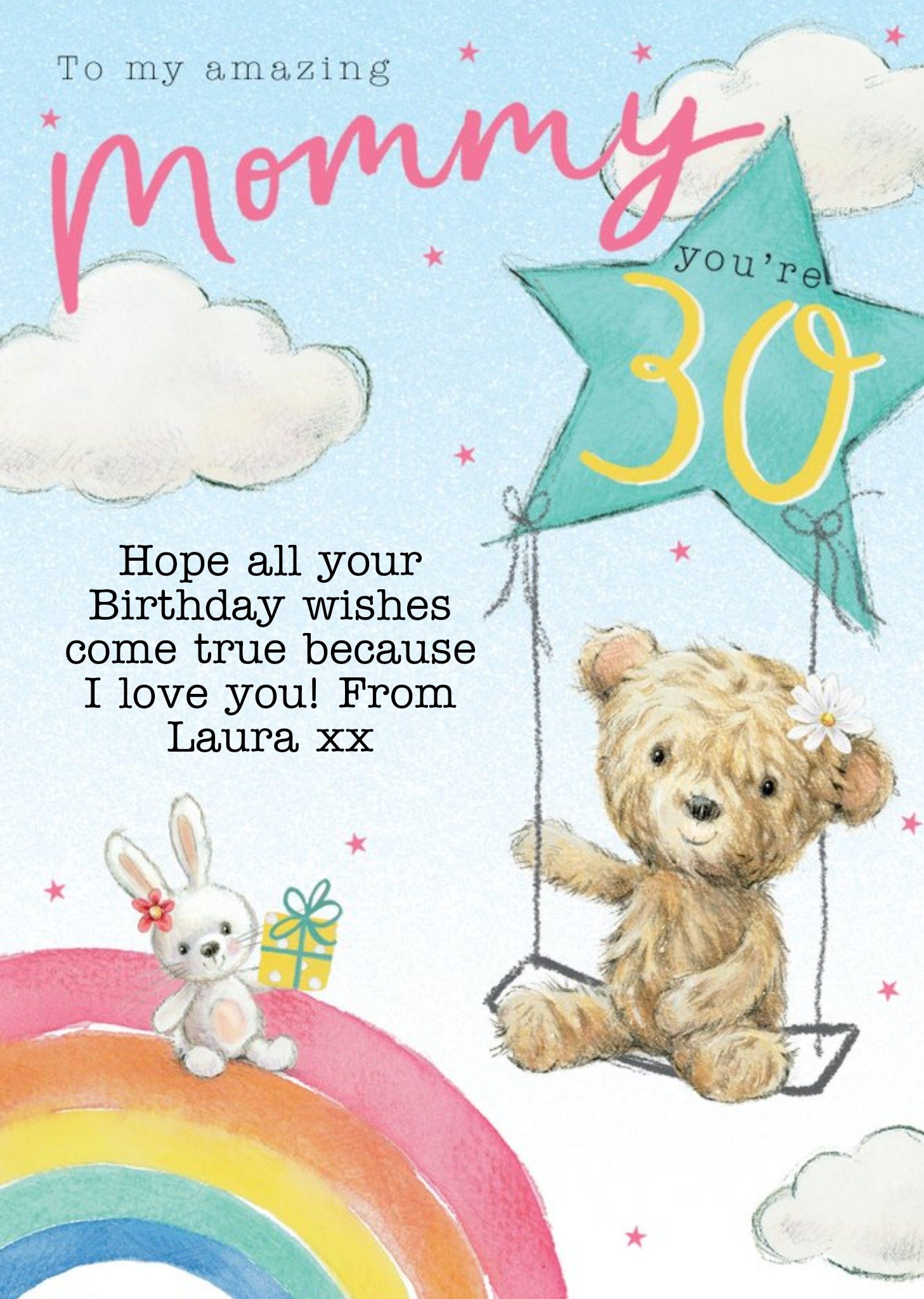 Clintons Illustrated Rainbow Teddy Bear Mommy 30th Birthday Card Ecard