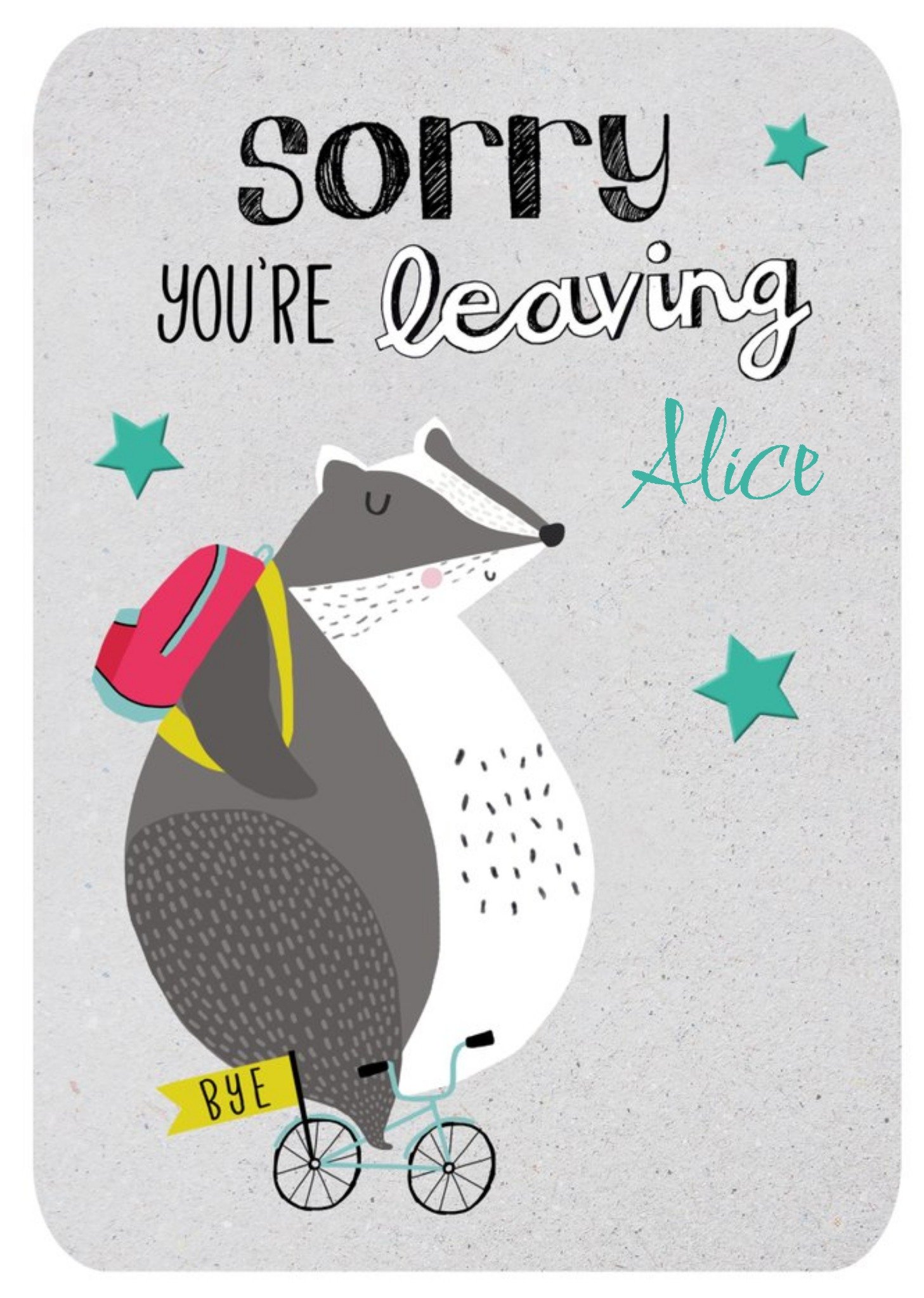 Moonpig Cute Illustration Of A Badger With A Backpack Riding On A Bike Sorry Your Leaving Card, Larg