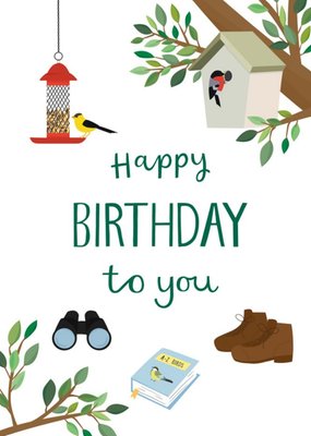 Bird Watching Themed Illustrations Surrounding Text Birthday Card