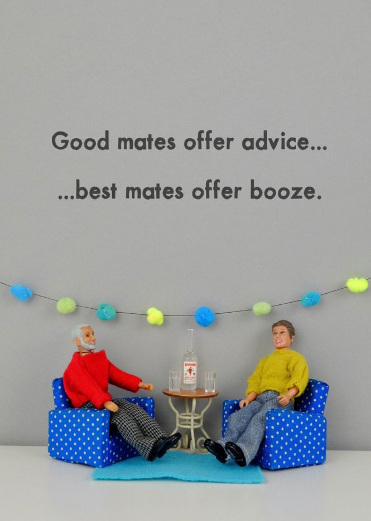 Bold And Bright Funny Photographic Male Figurines Sat On The Chairs Sharing Alcohol Humour Card