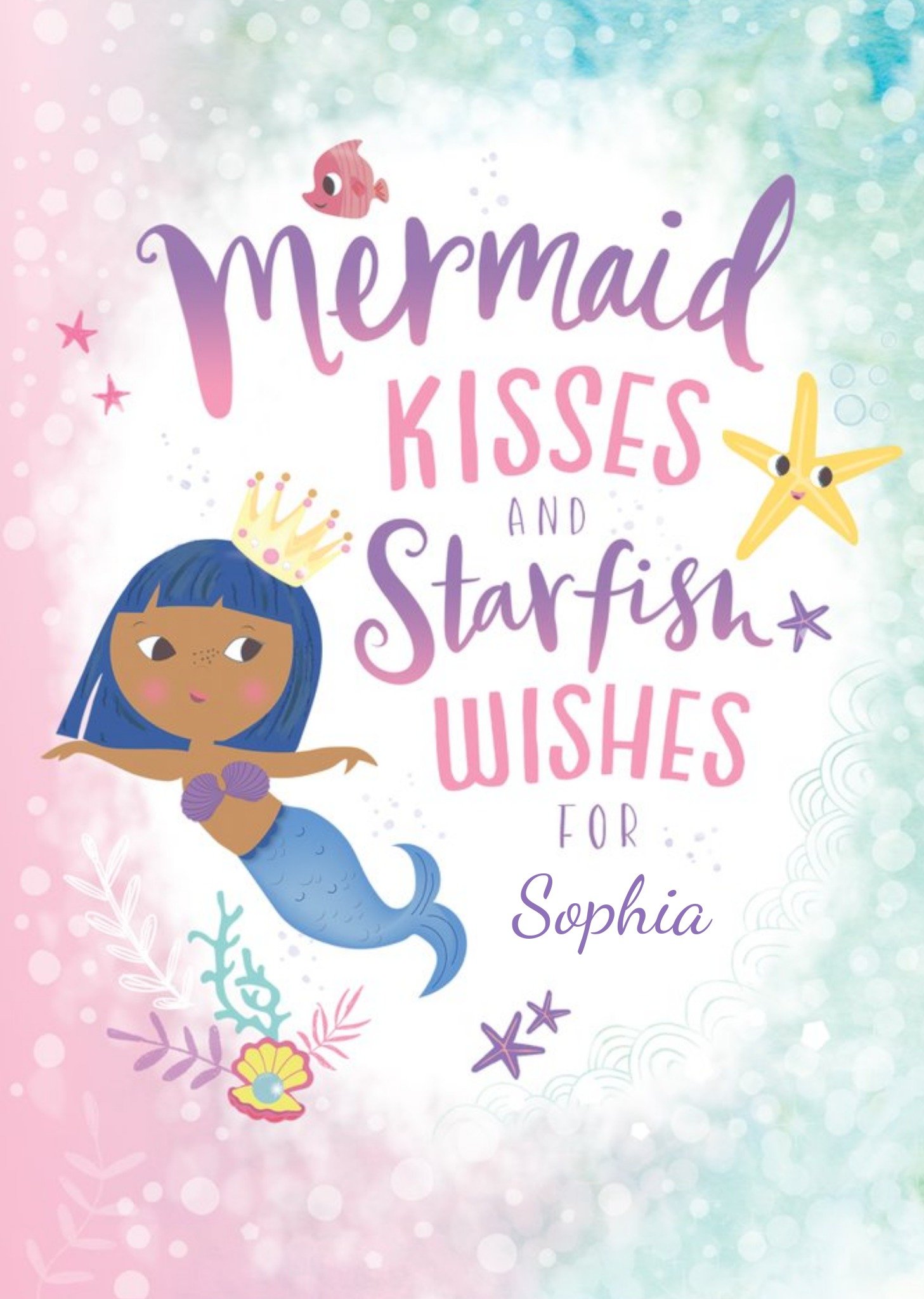 Moonpig Kids Happy Birthday Card - Mermaid Kisses And Starfish, Large
