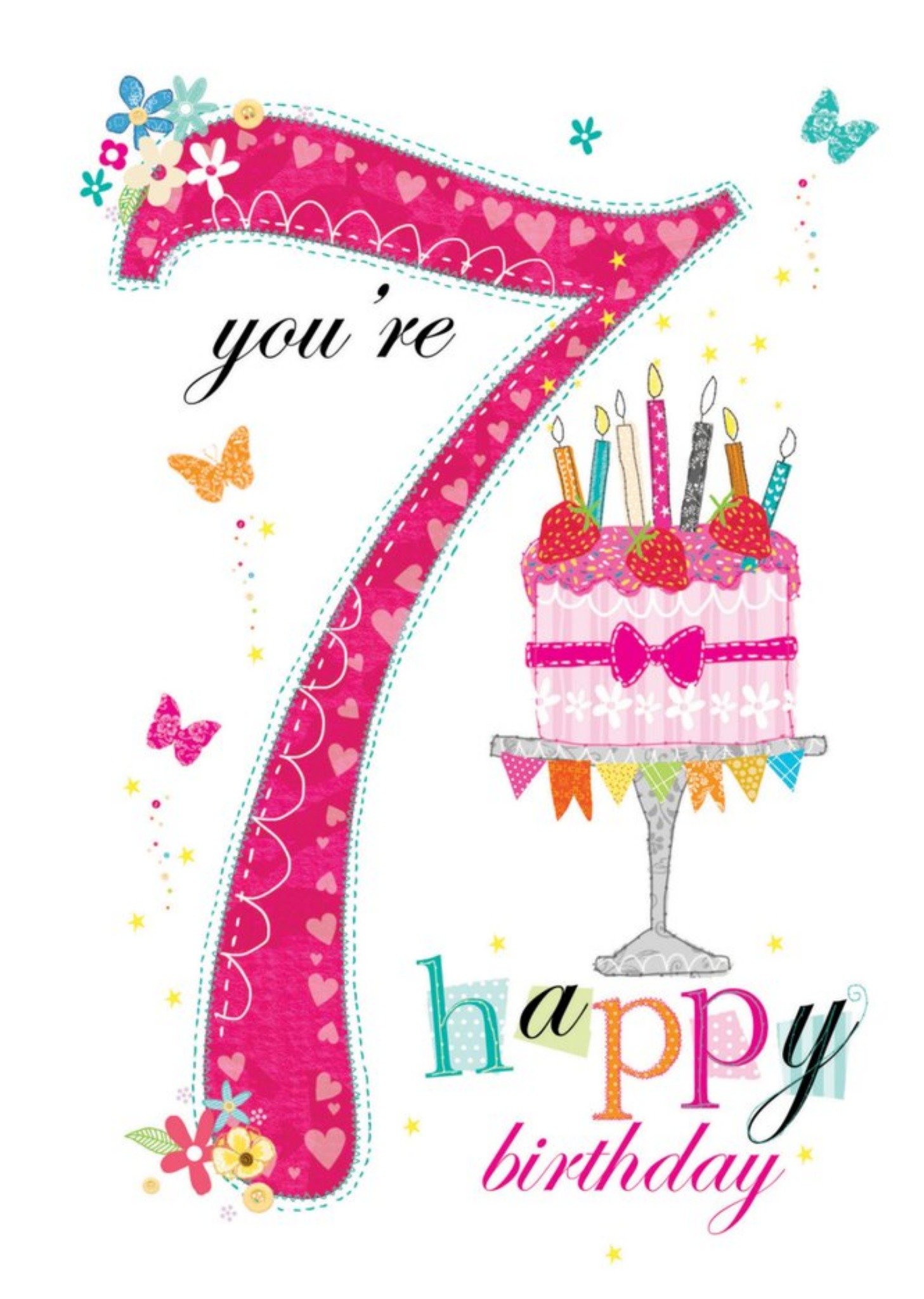 You're 7 Today Pink Birthday Card Ecard