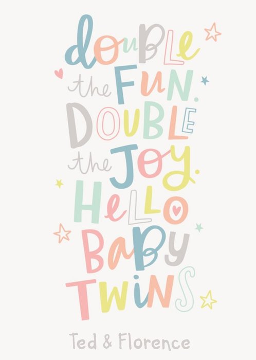  Cute Colourful Lettering New Baby Twins Arty Male Female Card 