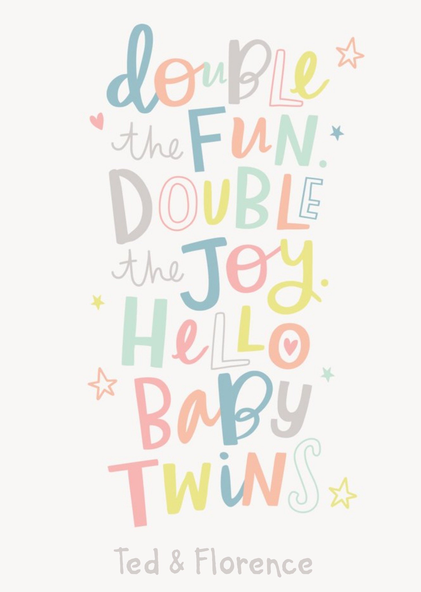 Cute Colourful Lettering New Baby Twins Arty Male Female Card Ecard