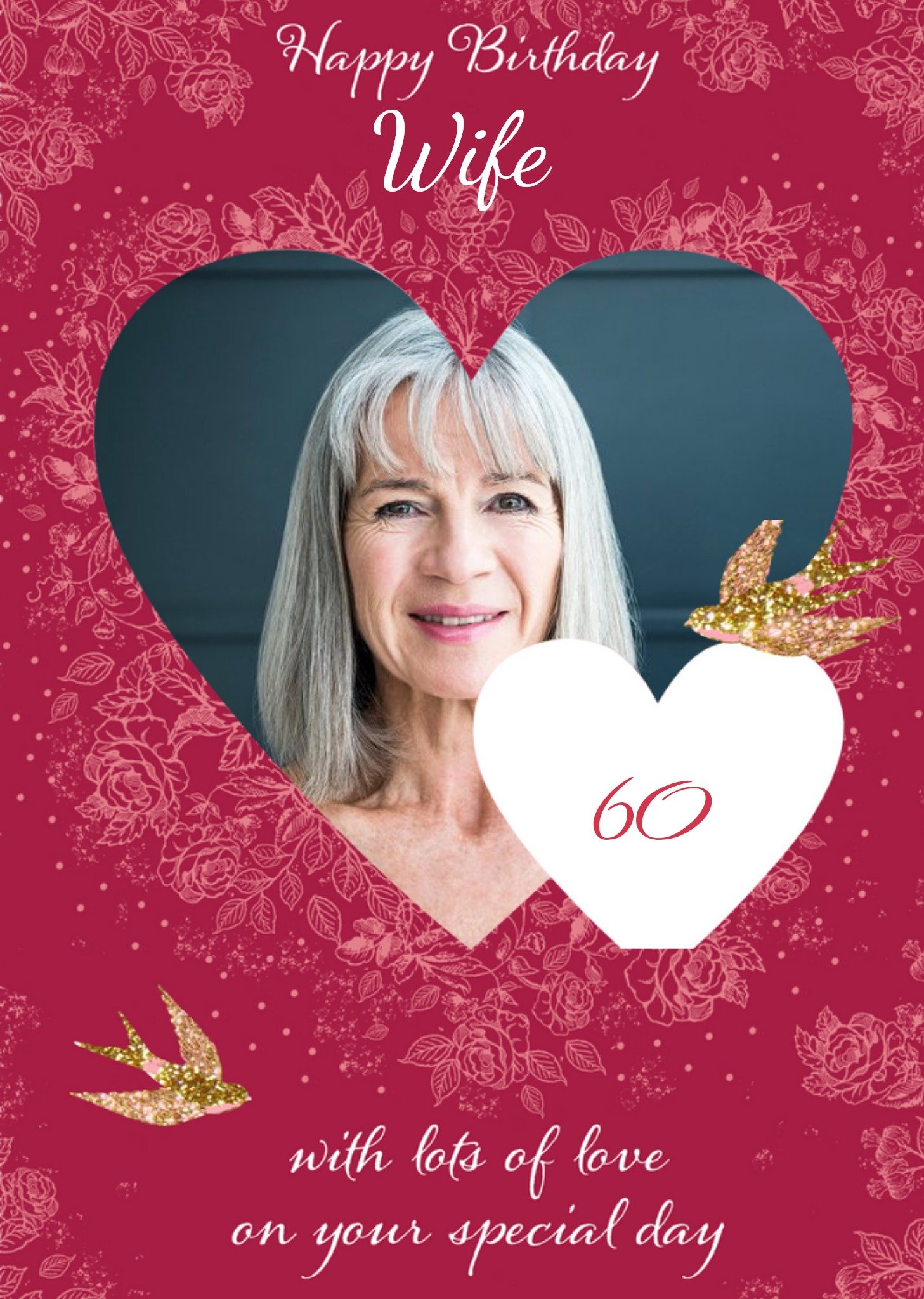 Moonpig Illustrated Floral Patterns Heart Photo Upload 60th Birthday Card Ecard