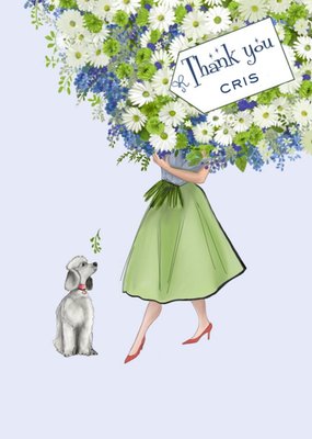 Illustration Of A Lady With A Large Bouquet Of Flowers Thank You Card
