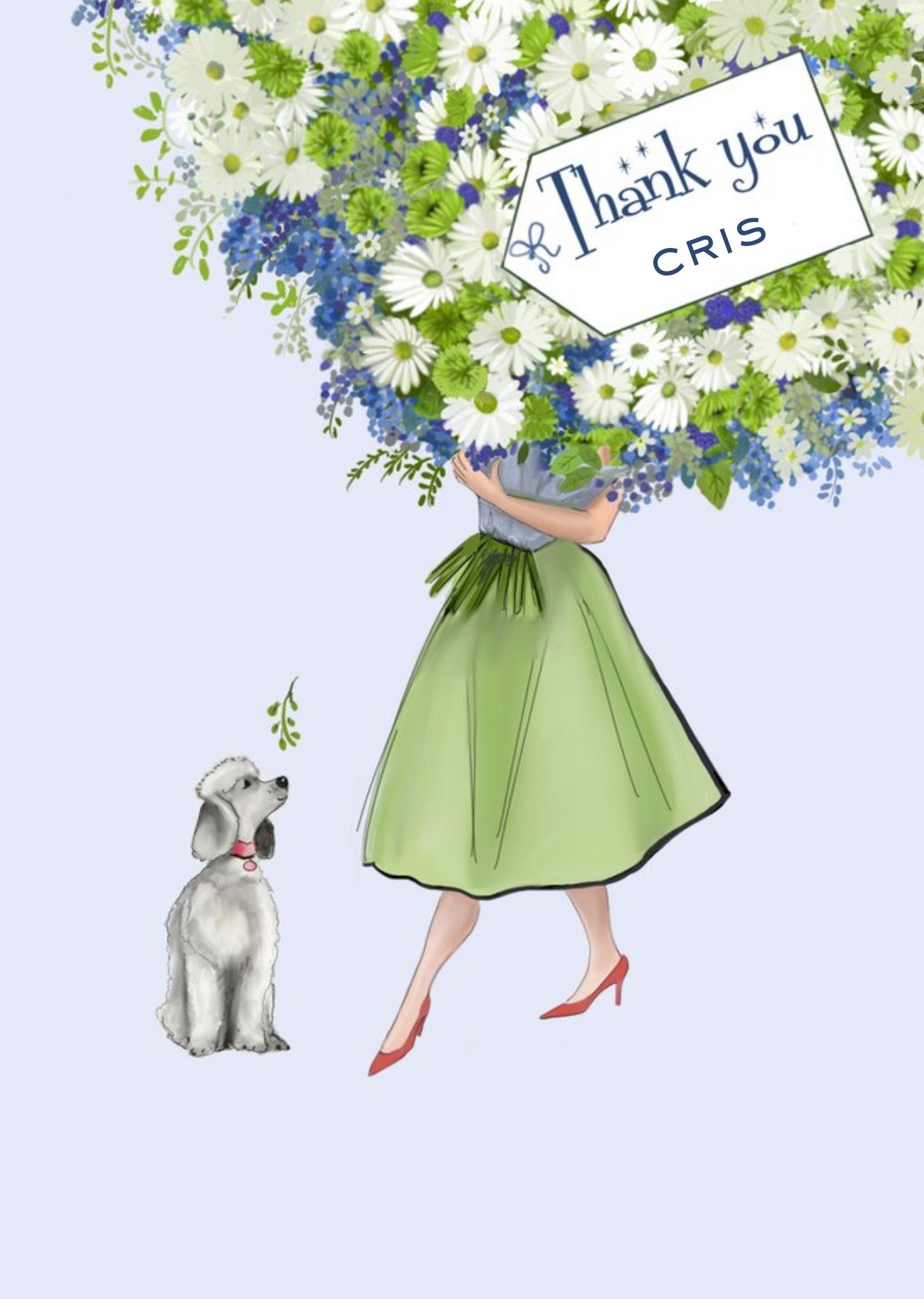 Illustration Of A Lady With A Large Bouquet Of Flowers Thank You Card