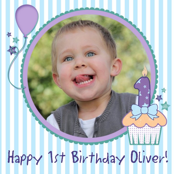 Blue Vertical Stripes Personalised Photo Upload Happy 1st Birthday Card