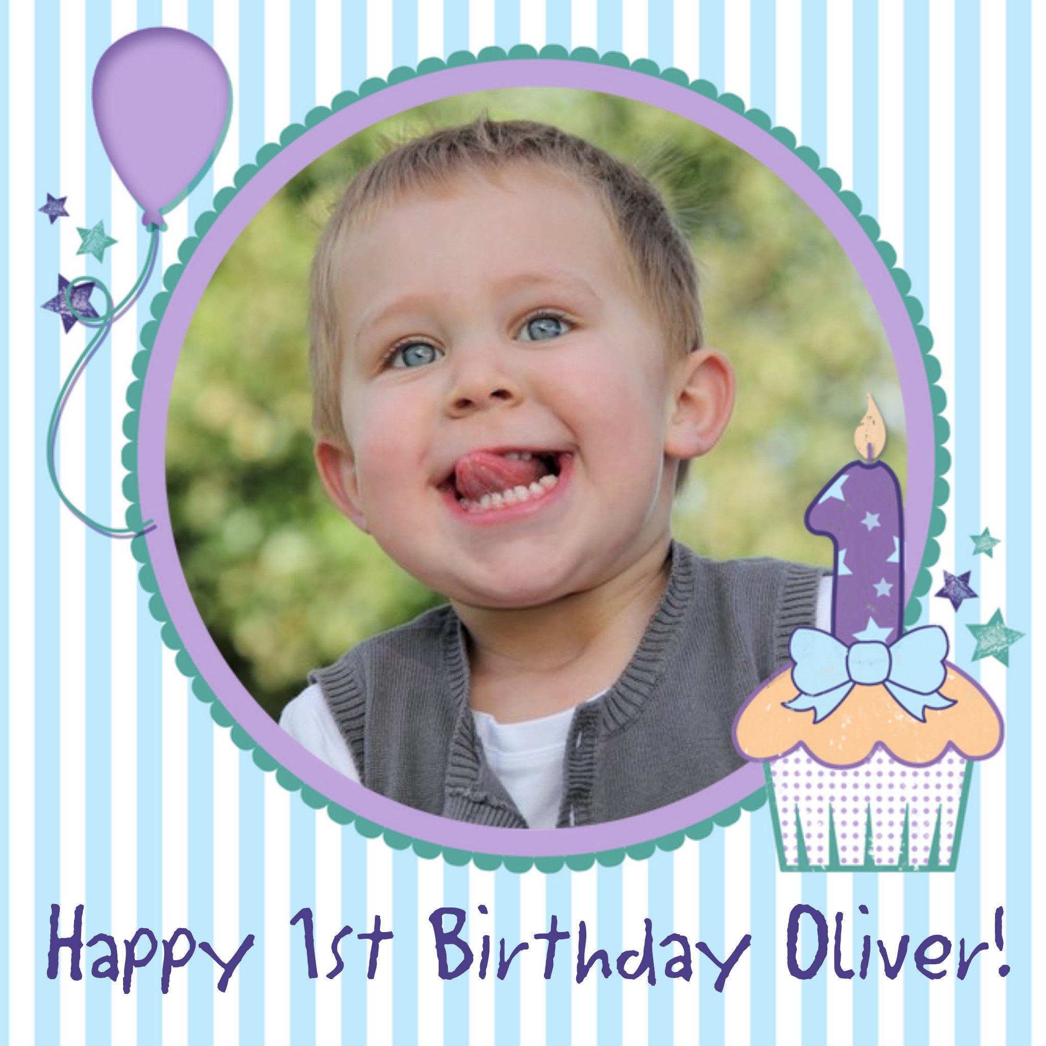 Moonpig Blue Vertical stripes Personalised Photo Upload Happy 1st Birthday Card, Large