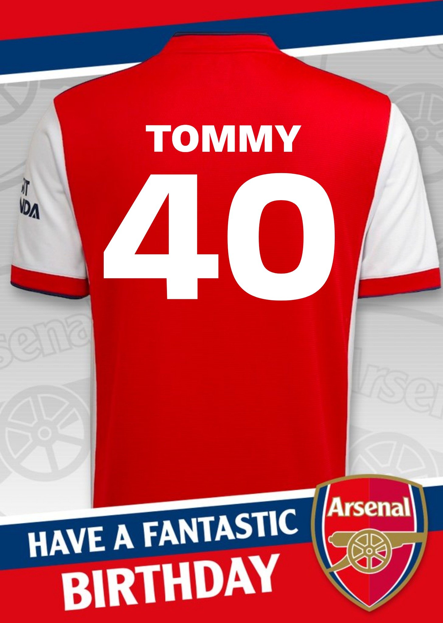 Arsenal Fc Personalised Football Shirt 40th Birthday Card, Large