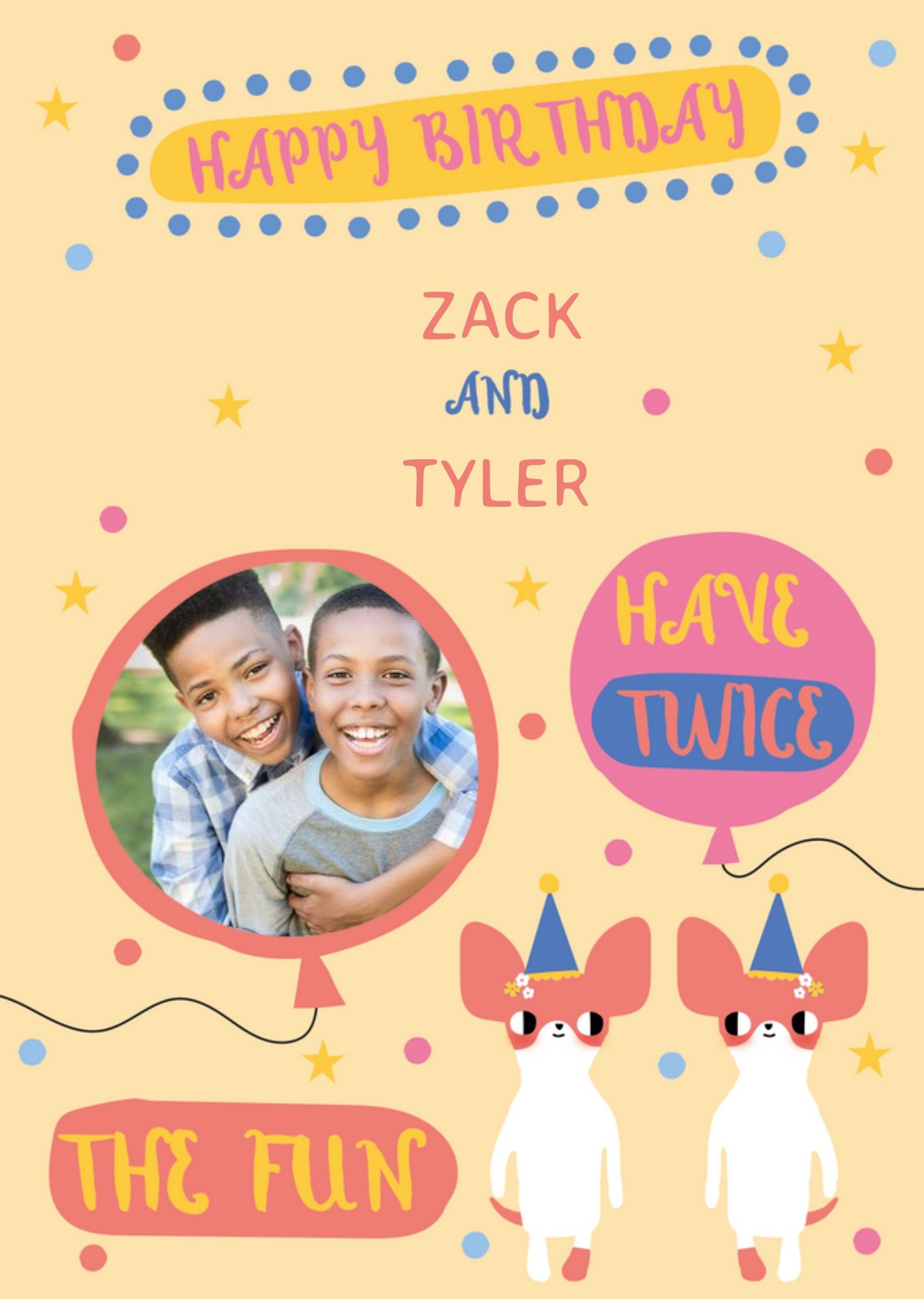 Happy Birthday Personalised Names Have Twice The Fun Twins Birthday Card Ecard