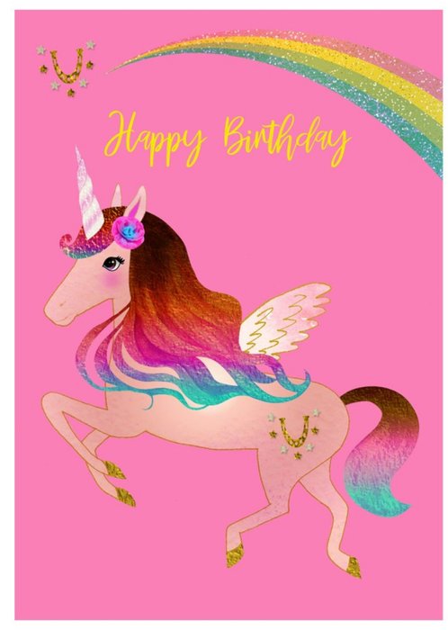 Pink Colourful Unicorn and Rainbow Birthday Card