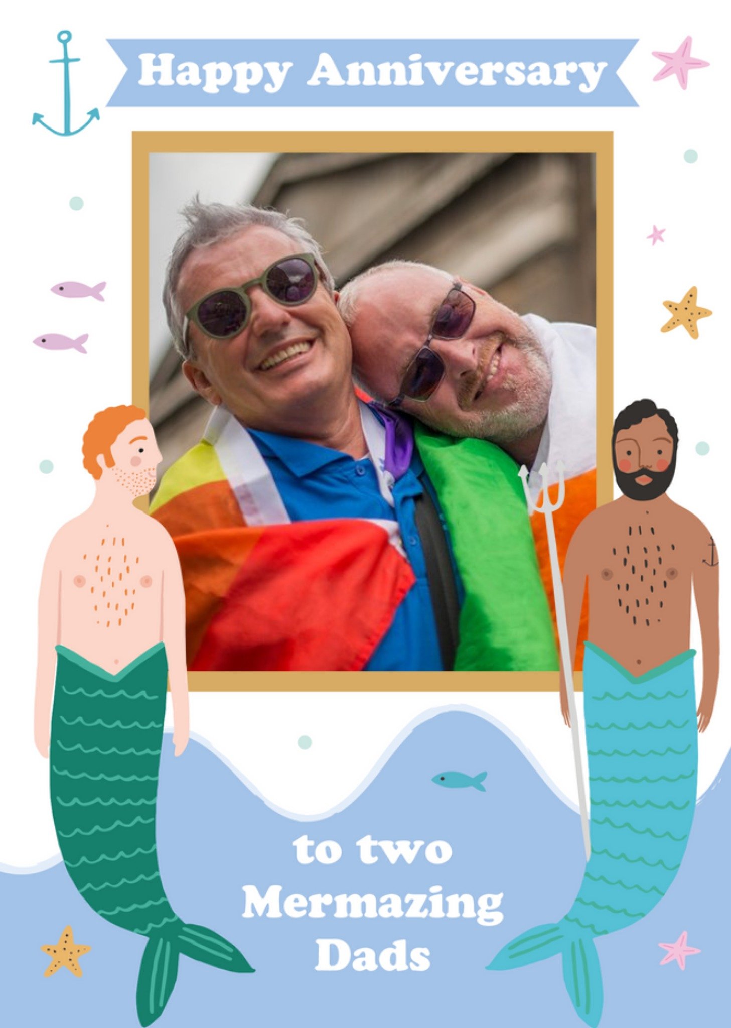 Personalised Photo With Mermen Illustration Pun Anniversary Card