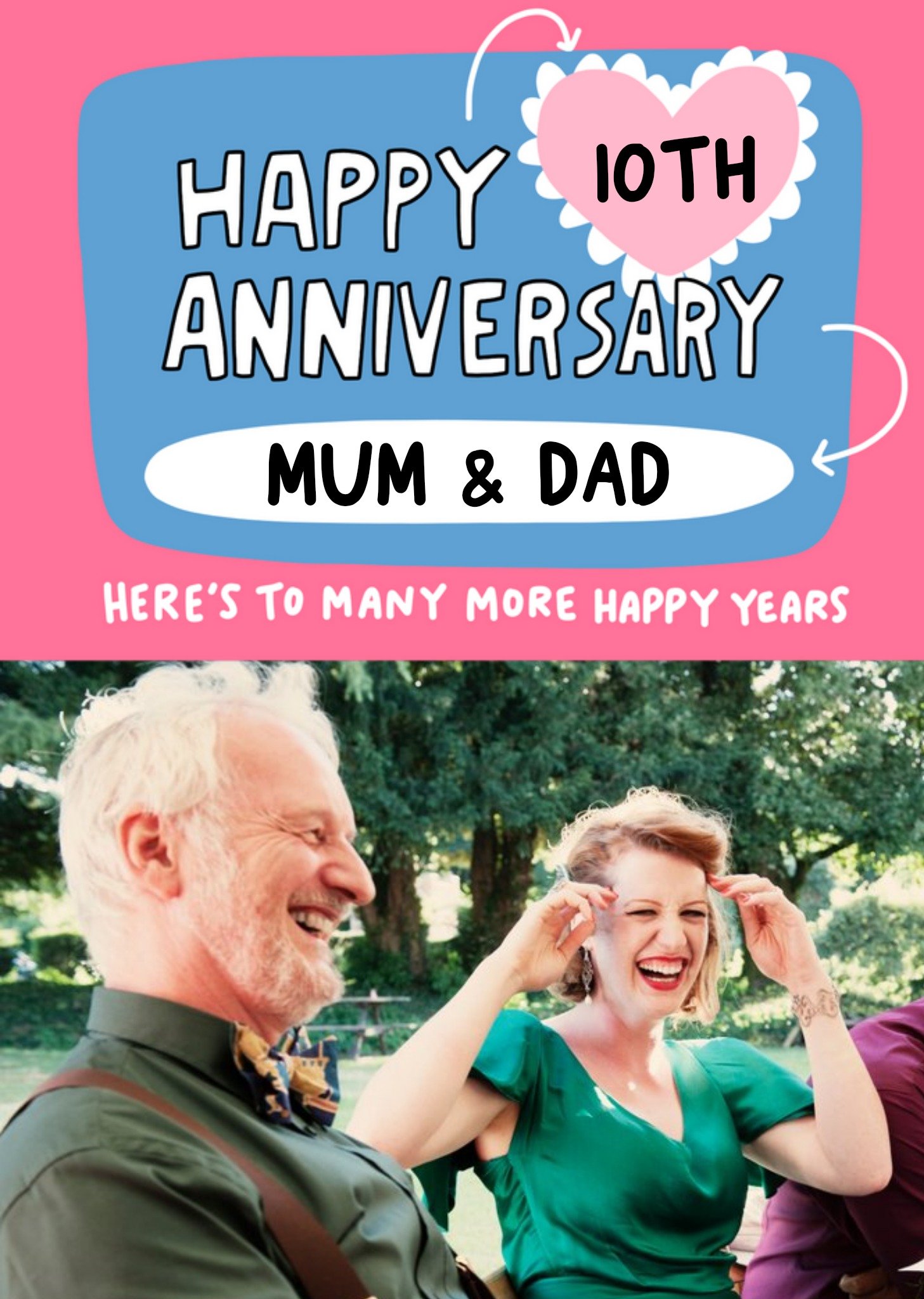 Angela Chick Bright Colourful Happy 10th Anniversary Mum & Dad, Photo Upload Card Ecard