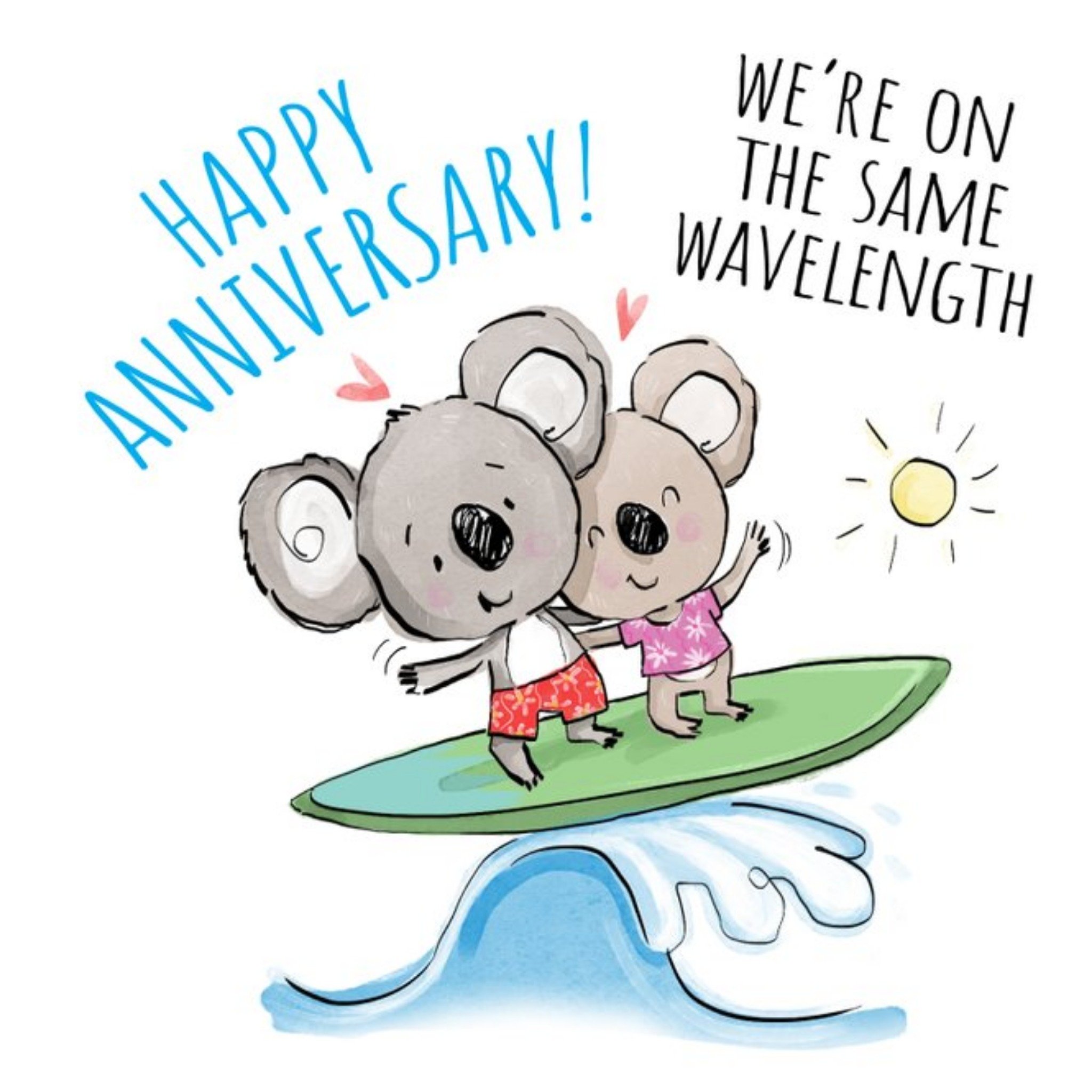 Moonpig Illustration Of Two Koalas Surfing We're On The Same Wavelength Anniversary Card, Square
