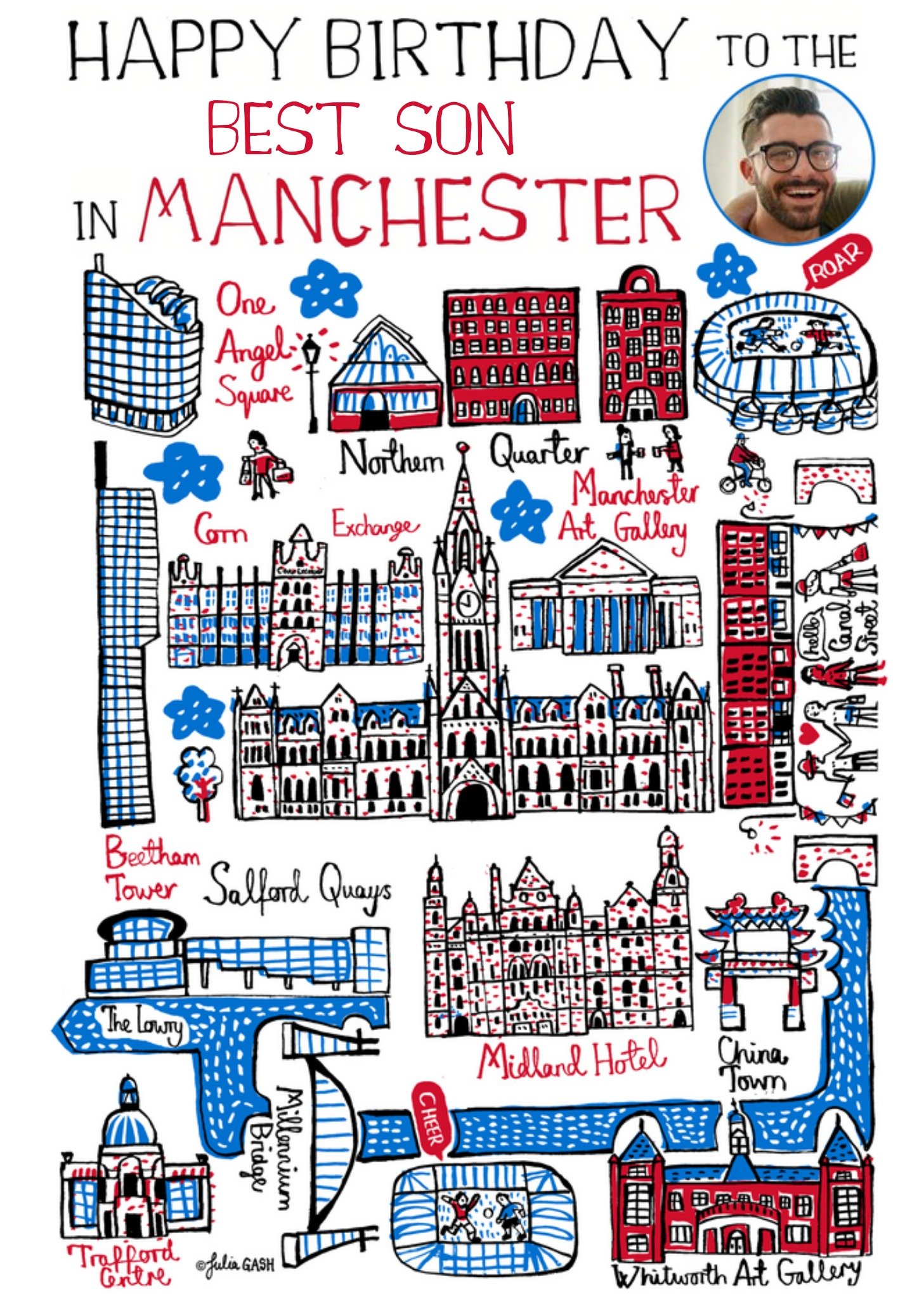 Moonpig Vibrant Collage Illustration Of Manchester Photo Upload Birthday Card Ecard