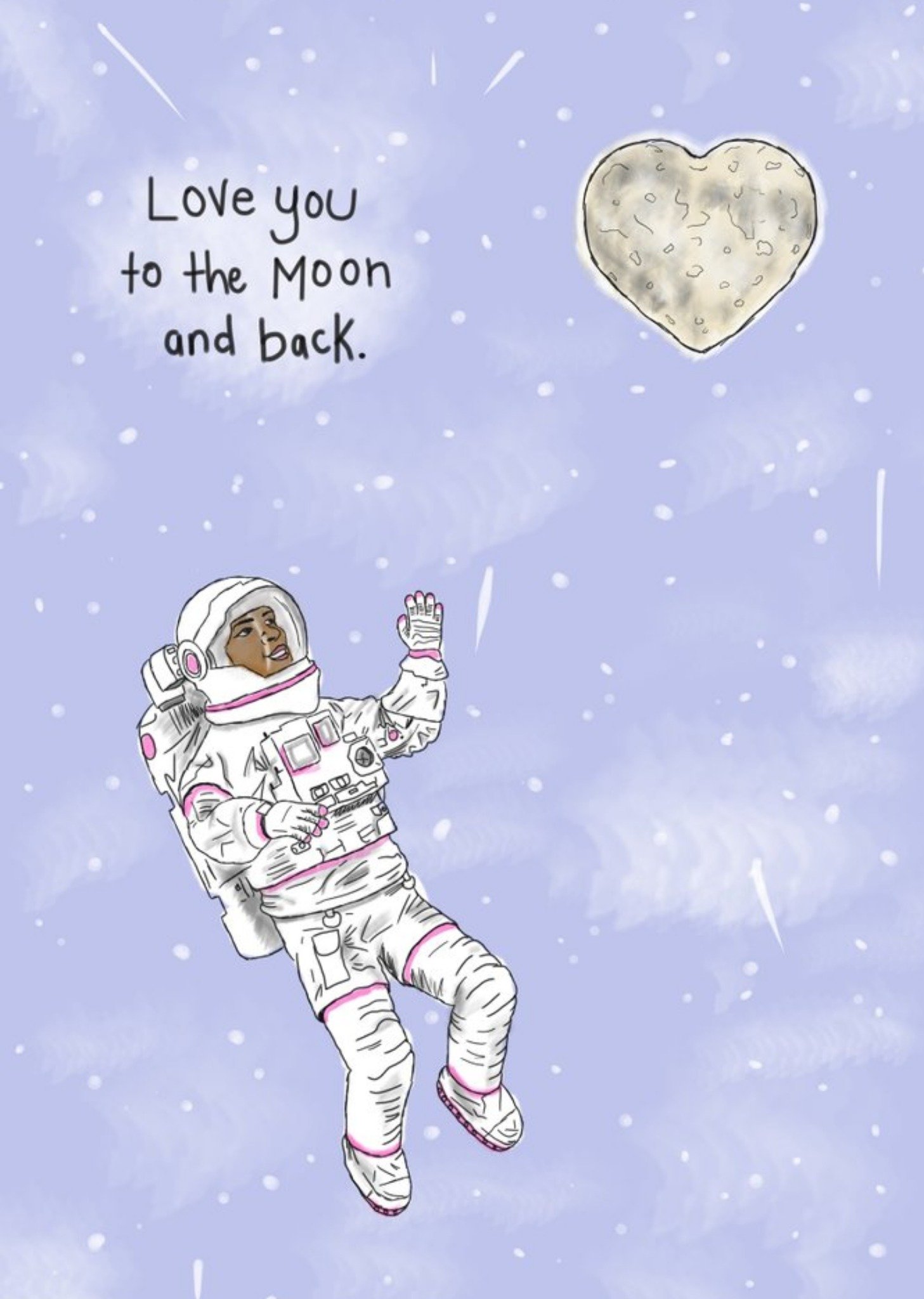 Moonpig Illustration Of A Woman In A Space Suit Floating Among The Stars Anniversary Card Ecard