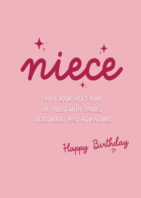 Bright Simple Typographic Niece Smiles, Discoveries And Adventures Birthday Card