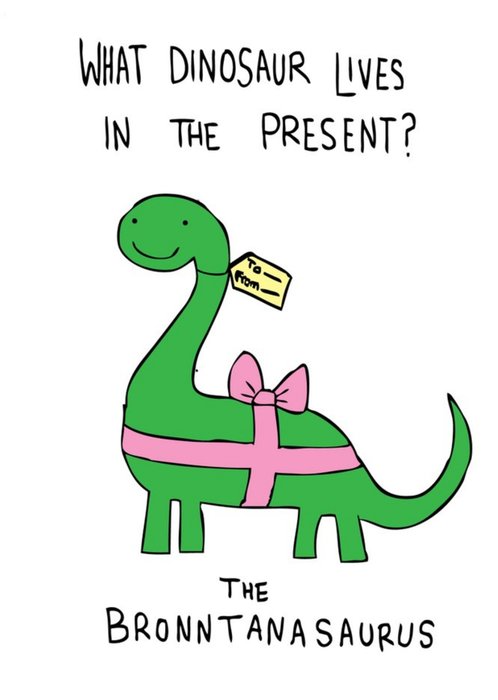 Illustration Of A Dinosaur Wrapped In A Pink Ribbon Humourous Card
