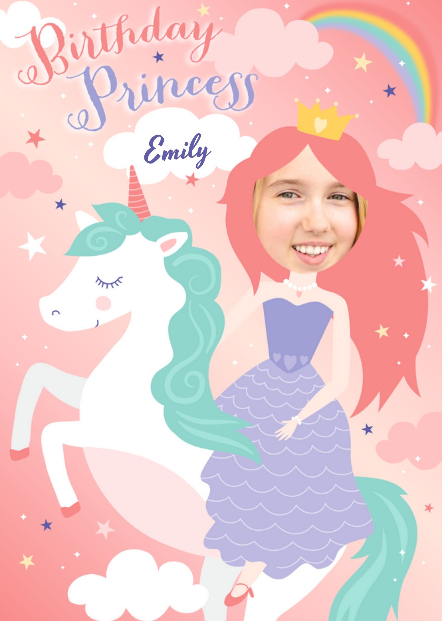 Moonpig Princess & Unicorn Birthday Card - Use Your Own Photos To Make The Recipient A Princess, Lar