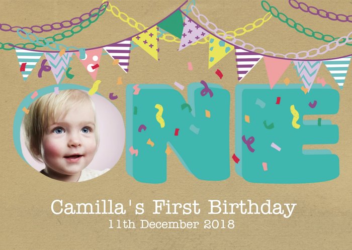Colourful Bunting Photo Upload 1St Birthday Party Invitation